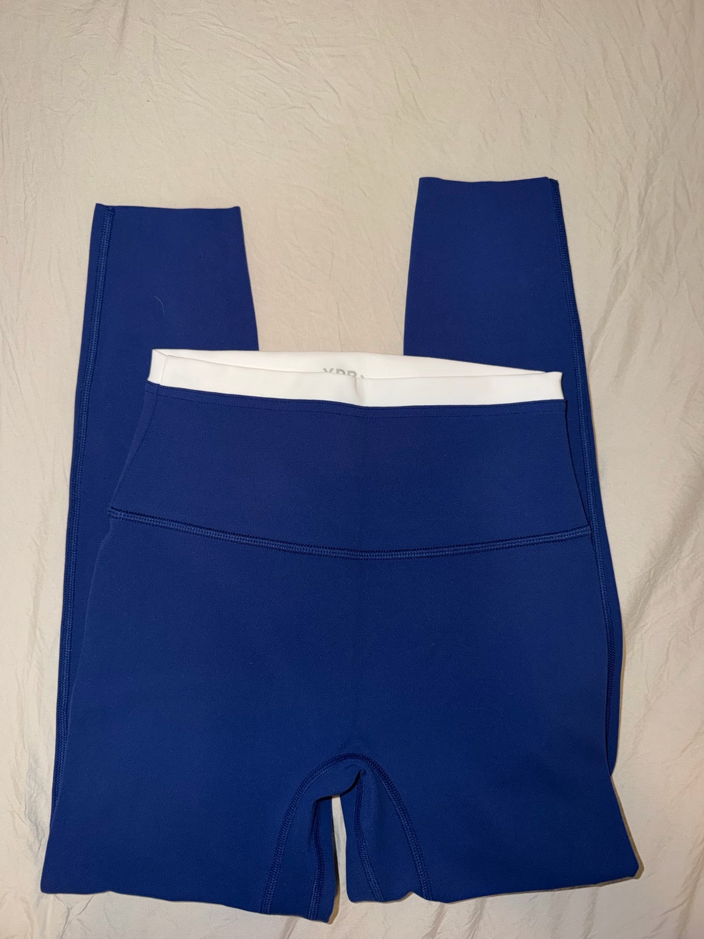 High-Rise Blue Performance Leggings with White Waistband